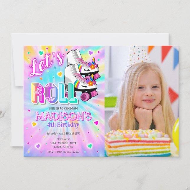 Roller Skating Unicorn Birthday Tie Dye Neon Photo Invitation (Front)