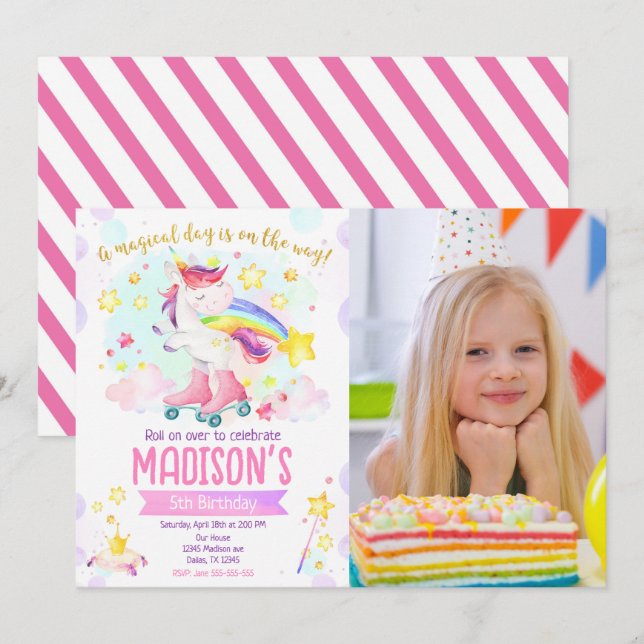 Roller Skating Unicorn Girl Magical Birthday Photo Invitation (Front/Back)