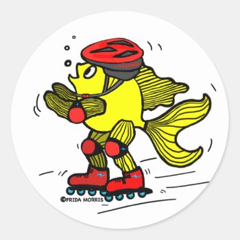 Rollerblade Fish Funny Skating Cartoon Classic Round Sticker by FabSpark at Zazzle