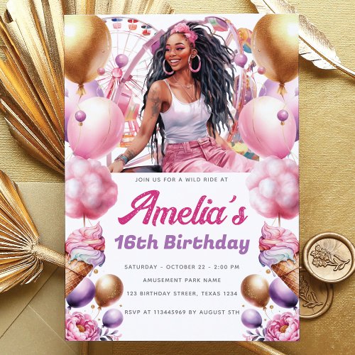 Rollercoaster Party African American Girl Custom Invitation
