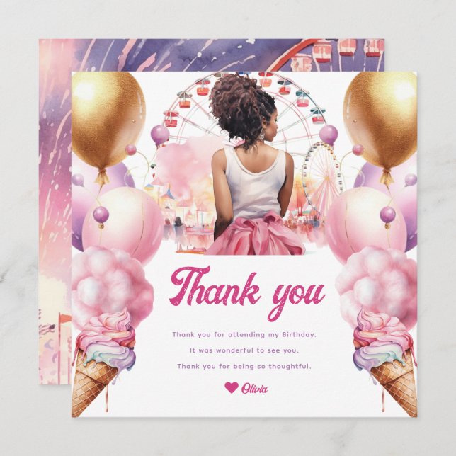 Rollercoaster Party African American Watercolor Thank You Card (Front/Back)