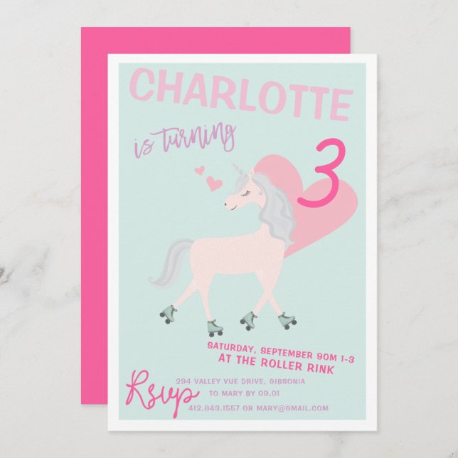 RollerScate Unicorn Birthday Invitation (Front/Back)