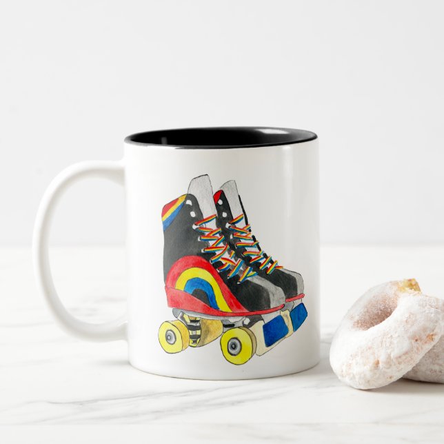 Rollerskates retro eighties art Two-Tone coffee mug (With Donut)