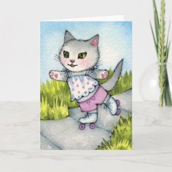 Rollerskating Kitty - Cute Cat Art Card by yarmalade at Zazzle