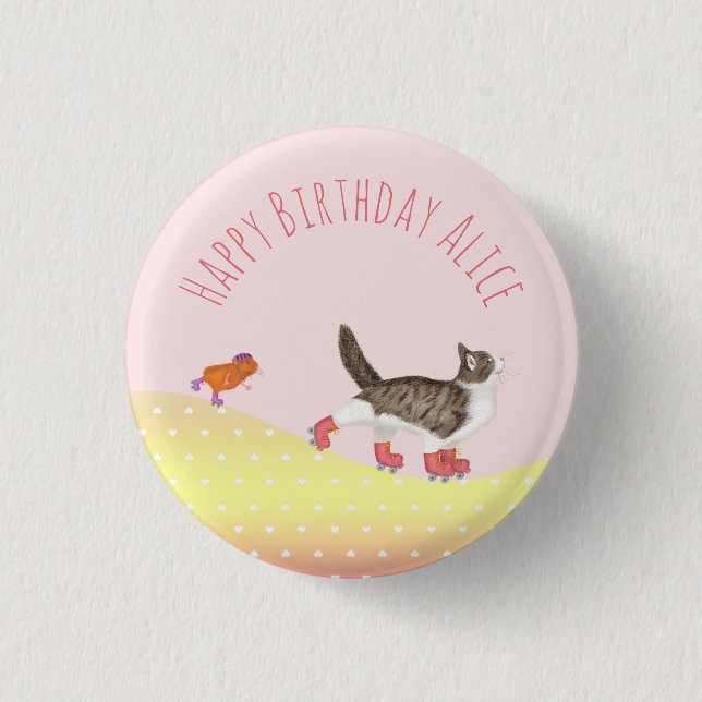 Rollerskating pets party favor badge button (Front)