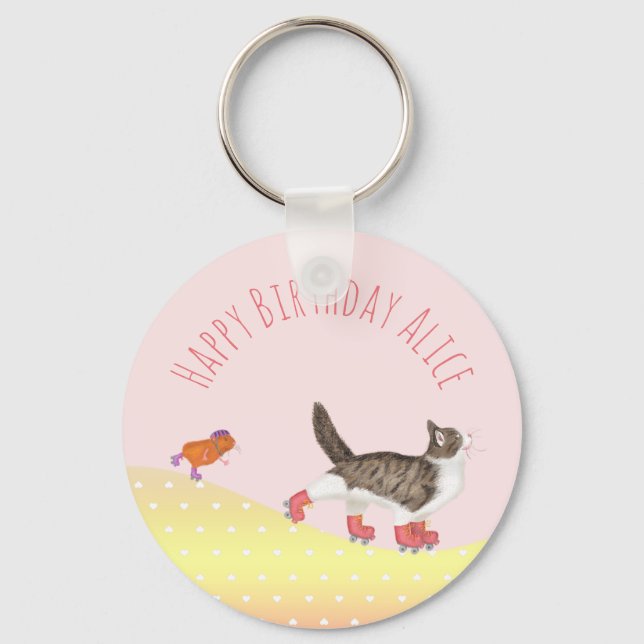 Rollerskating pets party favor key ring (Front)