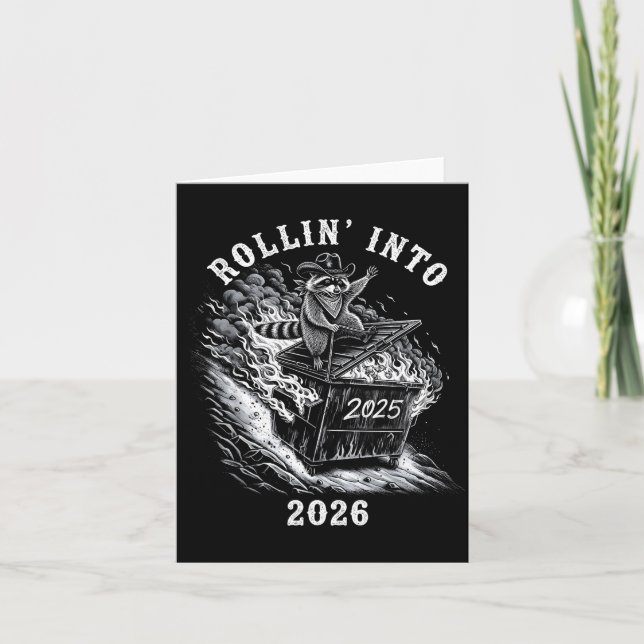 Rollin' Into 2026 Funny Cowboy Raccoon Happy New Y Card (Front)