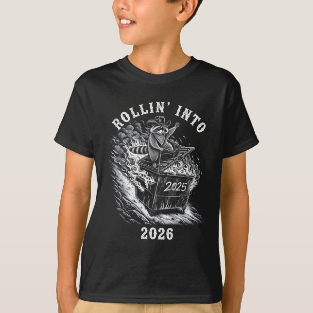 Rollin' Into 2026 Funny Cowboy Raccoon Happy New Y T-Shirt (Front)