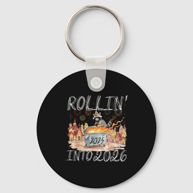 Rollin' Into 2026 Happy New Year Raccoon Men Women Keychain (Front)