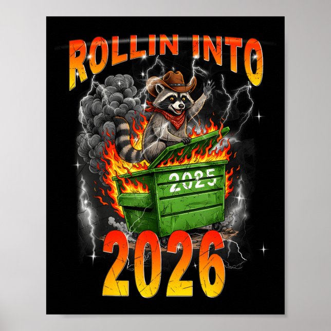 Rollin Into 2026 New Year 2026 Raccoon Cowboy Vint Poster (Front)
