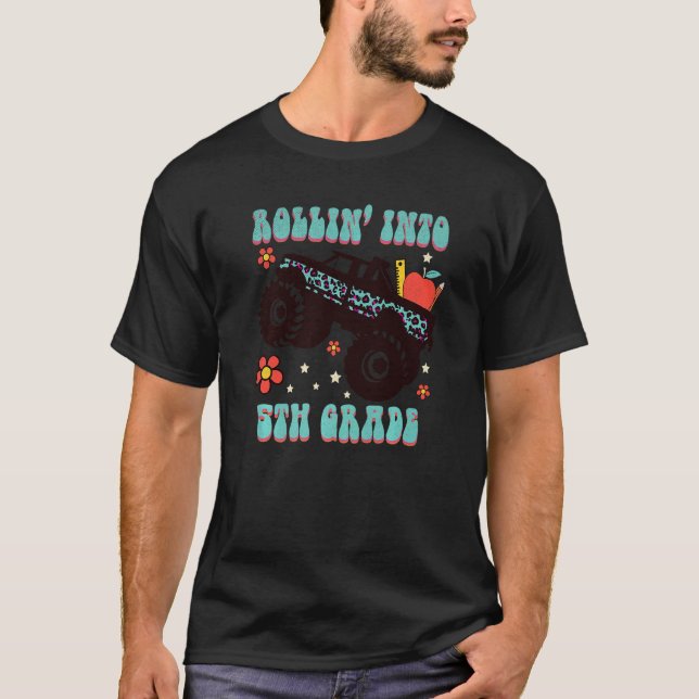 Rollin' Into 5th Grade Monster Truck Girls Back To T-Shirt (Front)