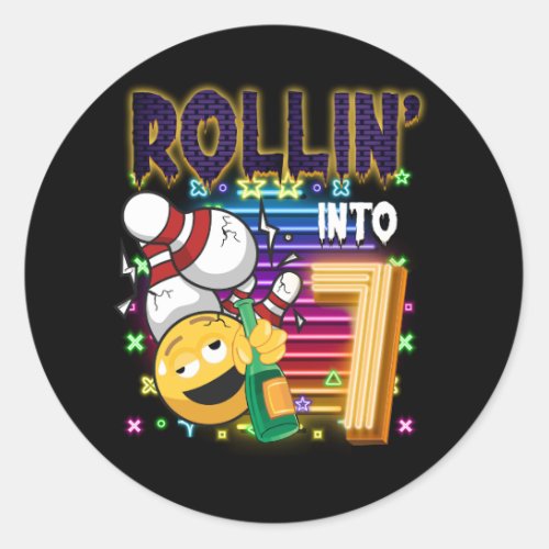 Rollin into 7 Bowling Birthday Party 7th Birthday  Classic Round Sticker