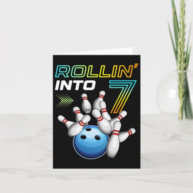 Rollin Into 7 Retro Bowling Birthday Party 7th Bir Card (Front)