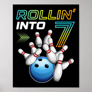 Rollin Into 7 Retro Bowling Birthday Party 7th Bir Poster
