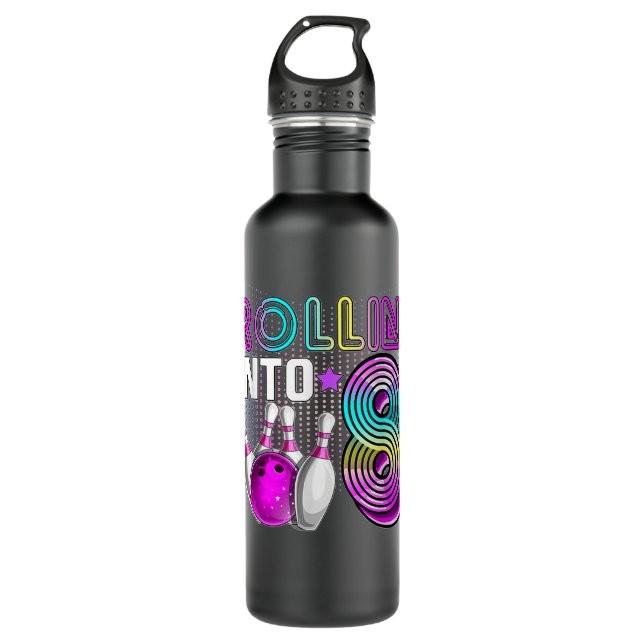 Rollin into 8 Bowling Birthday Party 8th Birthday  Stainless Steel Water Bottle (Front)