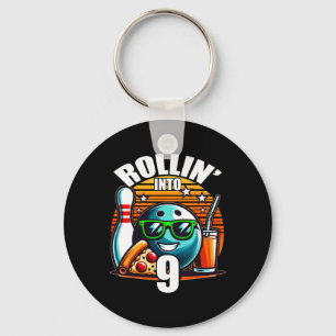 Rollin Into 9 Bowling Birthday Party 9th Birthday Keychain