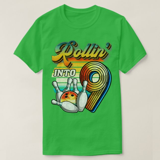 Rollin into 9 Bowling Birthday Party 9th Birthday  T-Shirt (Design Front)