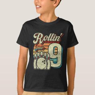Rollin Into 9 Bowling Birthday Party 9th Birthday  T-Shirt