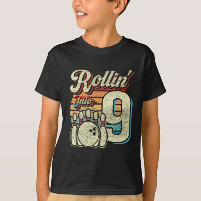Rollin Into 9 Bowling Birthday Party 9th Birthday  T-Shirt (Front)