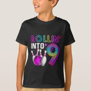 Rollin Into 9 Bowling Birthday Party 9th Birthday T-Shirt