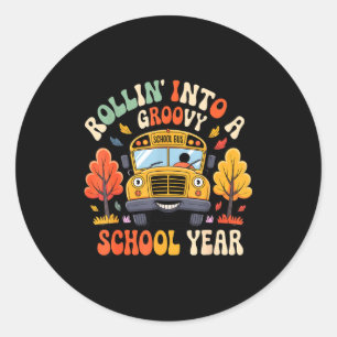 Rollin Into A Groovy School Year Retro School Bus Classic Round Sticker