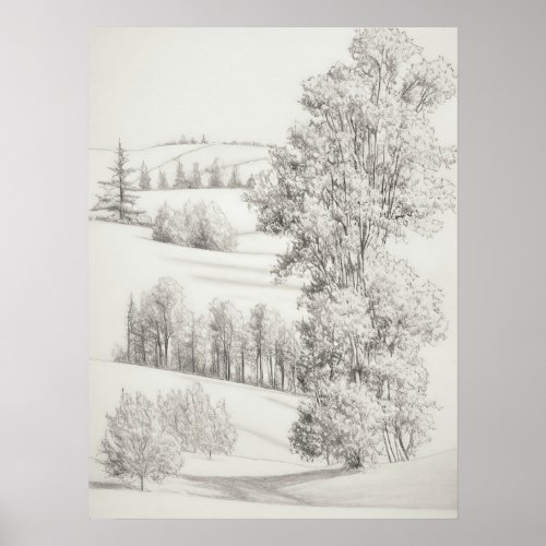 Rolling hills and trees Sketch vintage etching  Poster