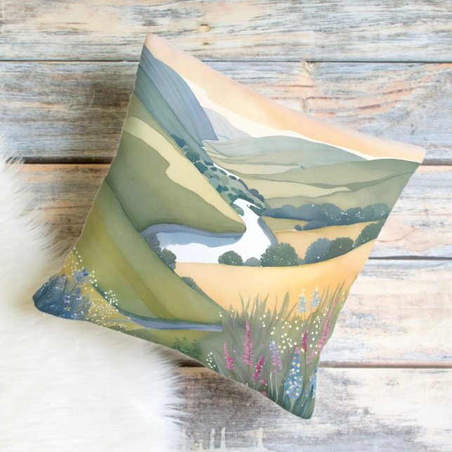 Rolling Hills Landscape | Watercolor Beautiful Throw Pillow (Creator Uploaded)