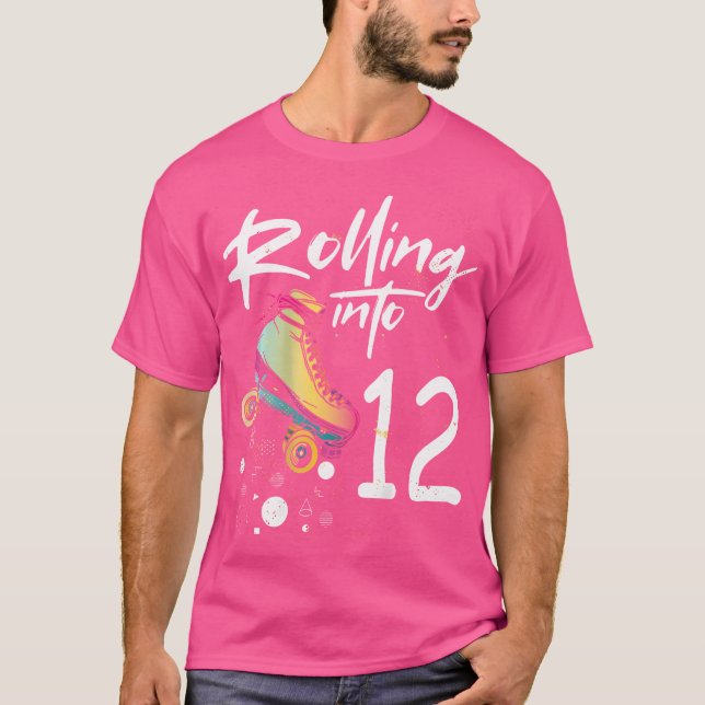 Rolling Into 12 Backprint Roller Skating Birthday T-Shirt (Front)