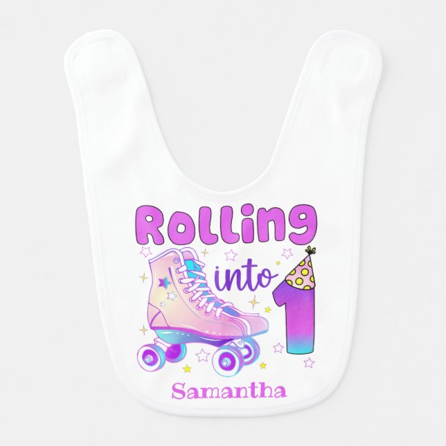 Rolling Into 1 - Cute Purple Roller Skate Birthday Baby Bib (Front)