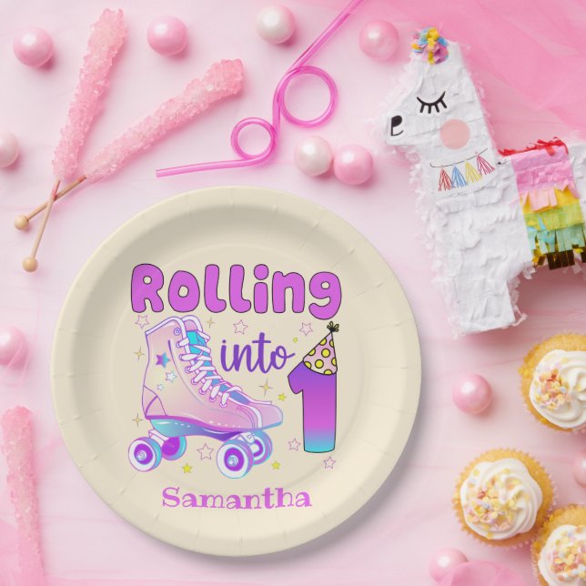 Rolling Into 1 - Cute Purple Roller Skate Birthday Paper Plates (Party)