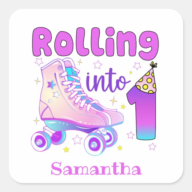 Rolling Into 1| Roller Skater Birthday Celebration Square Sticker (Front)