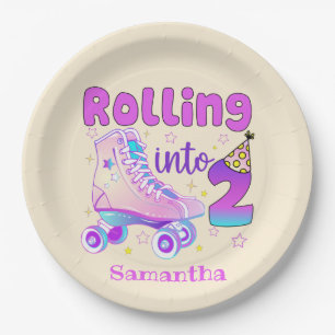 Rolling Into 2 - Cute Purple Roller Skate Birthday Paper Plates