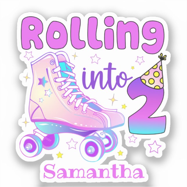 Rolling Into 2 - Cute Purple Roller Skate Birthday Sticker (Front)