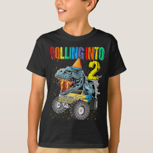 Rolling Into 2nd Birthday Monster Truck Dinosaur T-Shirt