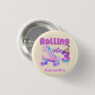 Rolling Into 3 - Cute Purple Roller Skate Birthday Button