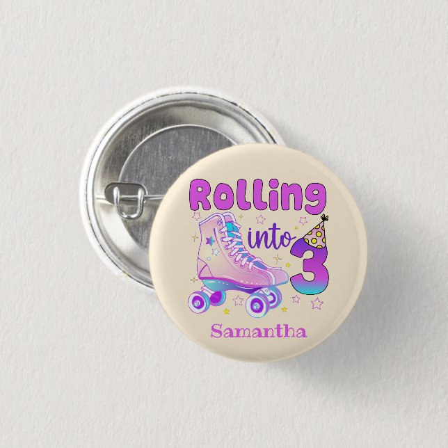 Rolling Into 3 - Cute Purple Roller Skate Birthday Button (Front & Back)