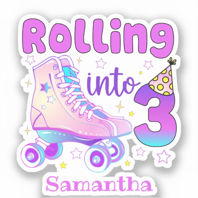Rolling Into 3 - Cute Purple Roller Skate Birthday Sticker (Front)