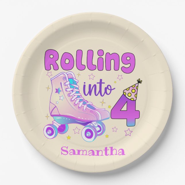 Rolling Into 4| Roller Skater Birthday Celebration Paper Plates (Front)