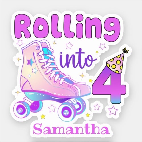 Rolling Into 4 Roller Skater Birthday Celebration Sticker