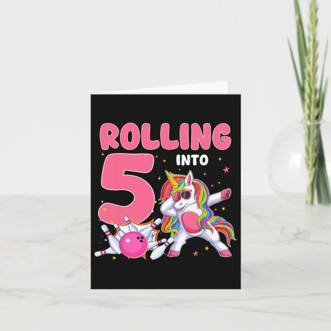 Rolling Into 5 5th Birthday Unicorn Bowling 5 Year Card (Front)