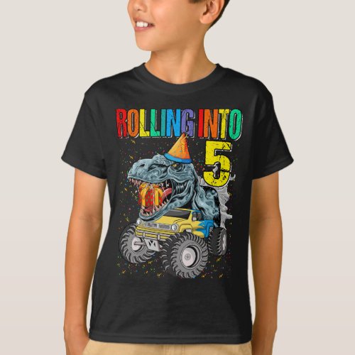 Rolling Into 5th Birthday Monster Truck Dinosaur T_Shirt