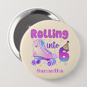 Rolling Into 6 - Cute Purple Roller Skate Birthday Button