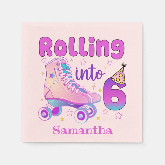 Rolling Into 6 - Cute Purple Roller Skate Birthday Napkins (Front)