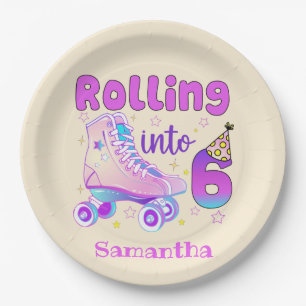 Rolling Into 6 - Cute Purple Roller Skate Birthday Paper Plates