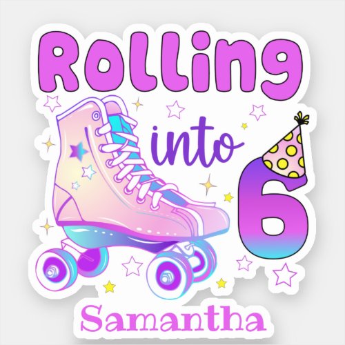 Rolling Into 6 Roller Skater Birthday Celebration Sticker