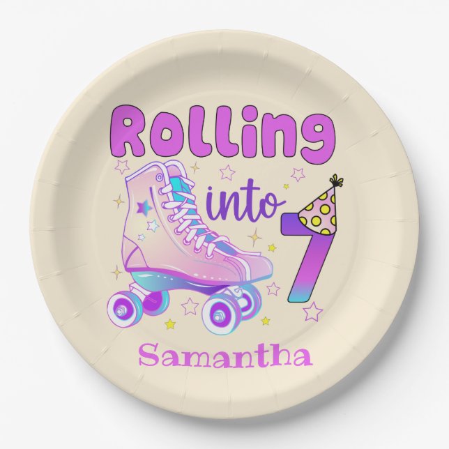 Rolling Into 7| Roller Skater Birthday Celebration Paper Plates (Front)