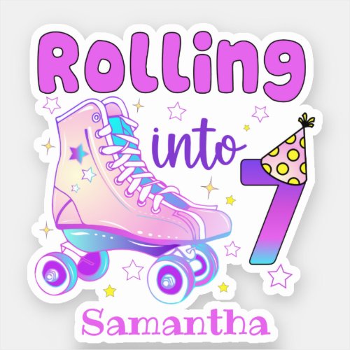 Rolling Into 7 Roller Skater Birthday Celebration Sticker
