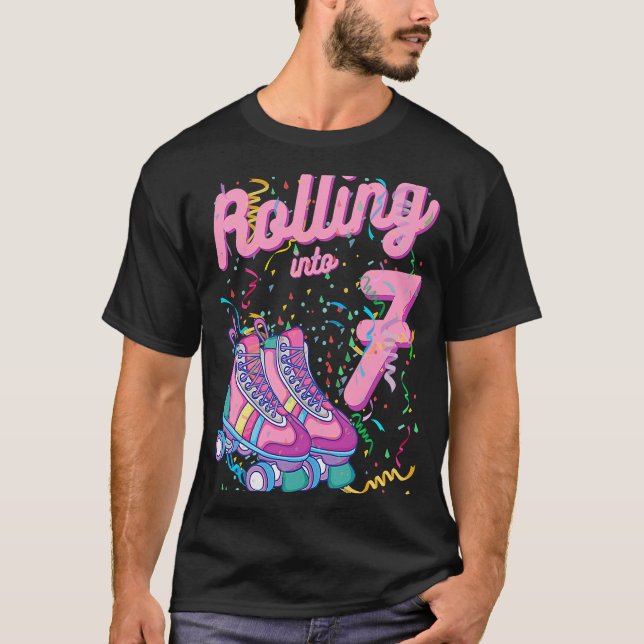 Rolling Into 7th Birthday Roller Skates 7 Years Ol T-Shirt (Front)