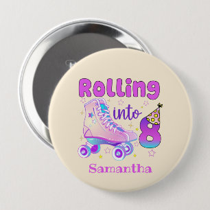 Rolling Into 8  Roller Skater Birthday Celebration Button