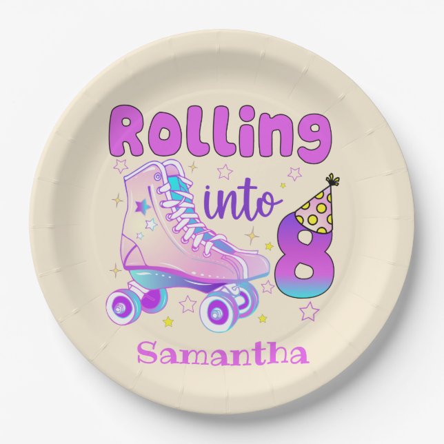 Rolling Into 8| Roller Skater Birthday Celebration Paper Plates (Front)